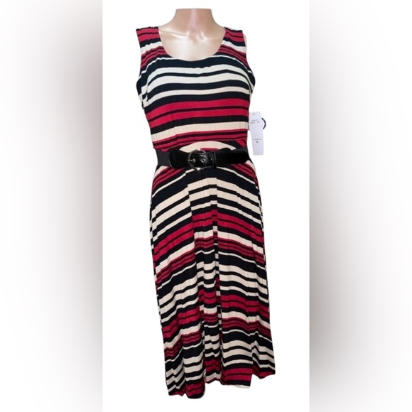 SIGNATURE BELTED STRIPED DRESS SCOOP NECK WOMENS CASUAL SLEEVELESS SIZE PLARGE - Picture 1 of 16